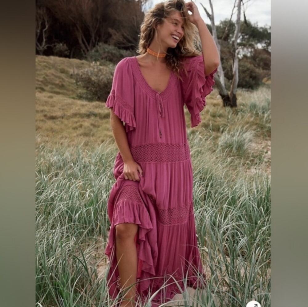 Free People Free-est Dream On Maxi Dress Pink Boho Crochet Flutter Sleeve Large